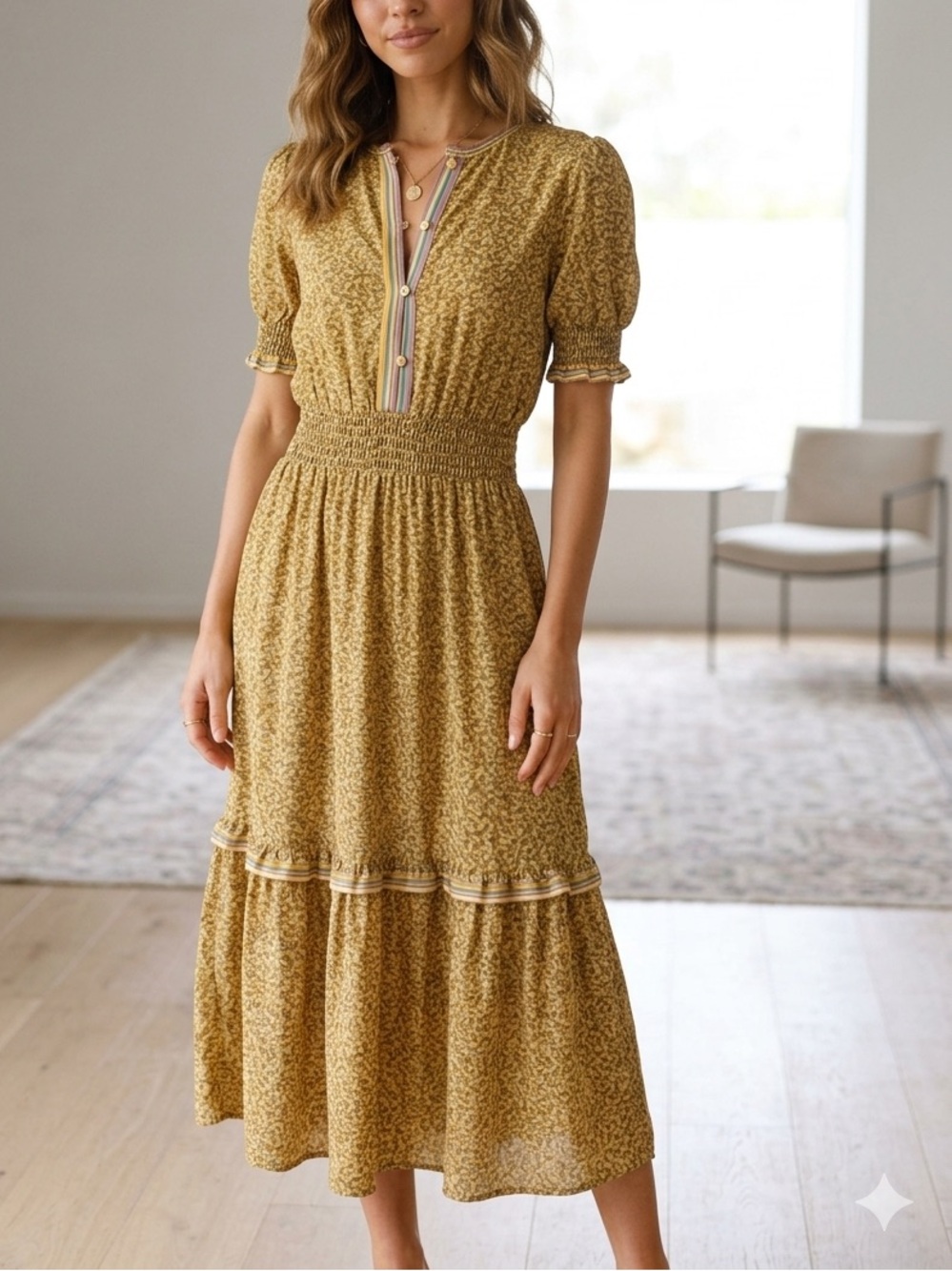 Max Studio Floral Midi Dress XS Yellow Cottagecore Boho Tiered Smocked💛